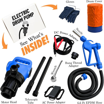 Electric Drum Pump - 55 Gallon, 5 GPM High Flow, Telescopic Tube, Barrel & Drum Transfer Pump for DEF, Diesel, Water-based Fluids, Antifreeze, Detergents and Light Oils, 110V AC/12V DC