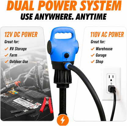 Electric Drum Pump - 55 Gallon, 5 GPM High Flow, Telescopic Tube, Barrel & Drum Transfer Pump for DEF, Diesel, Water-based Fluids, Antifreeze, Detergents and Light Oils, 110V AC/12V DC