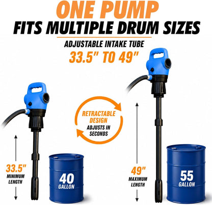 Electric Drum Pump - 55 Gallon, 5 GPM High Flow, Telescopic Tube, Barrel & Drum Transfer Pump for DEF, Diesel, Water-based Fluids, Antifreeze, Detergents and Light Oils, 110V AC/12V DC