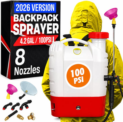 4.2 Gallon High-Pressure Battery Backpack Sprayer - 8 Nozzles, 100PSI, Long Battery, Wide Mouth