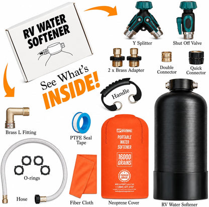 RV Water Softener Portable - 16,000 Grain, 3/4" GHT Fittings, Convenient Water Softener for RVs, Trailers, Boats, Mobile Car Washing, Pressure Washing